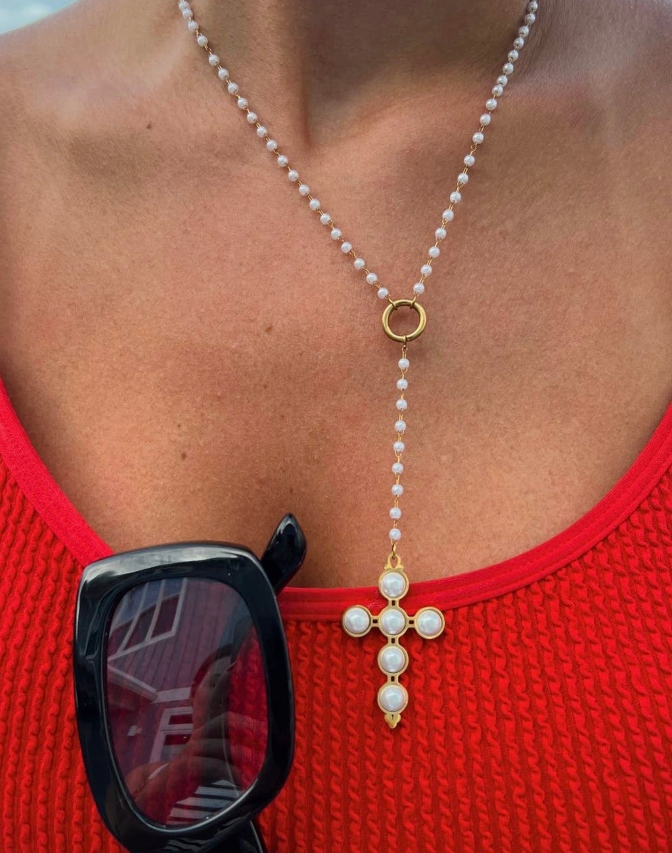 Dainty Pearl Cross Necklace